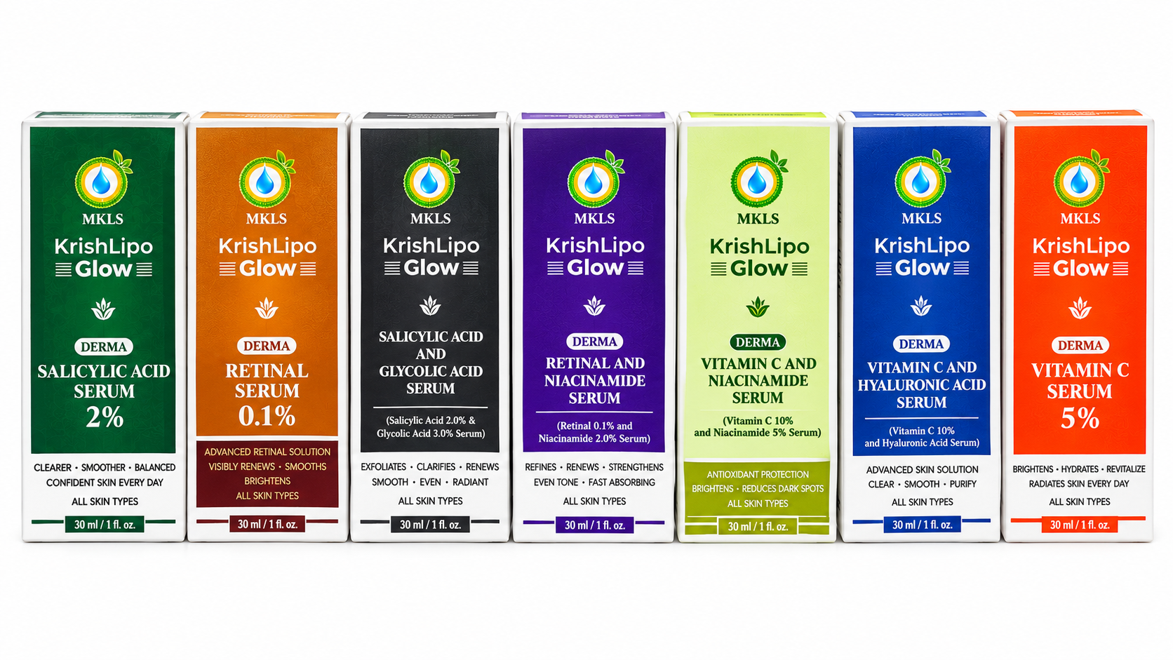 The seven colourful KrishLipo Glow serum variants